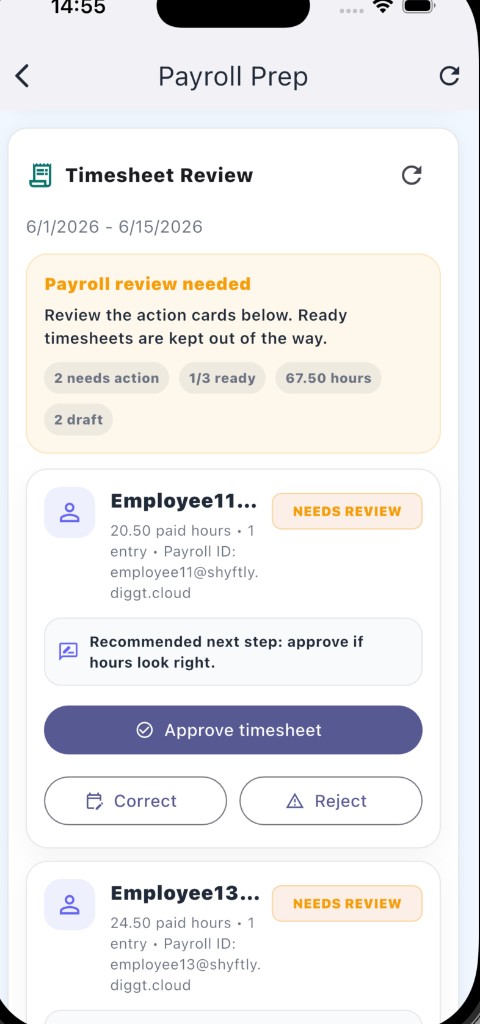 Shyftly Payroll Prep screen